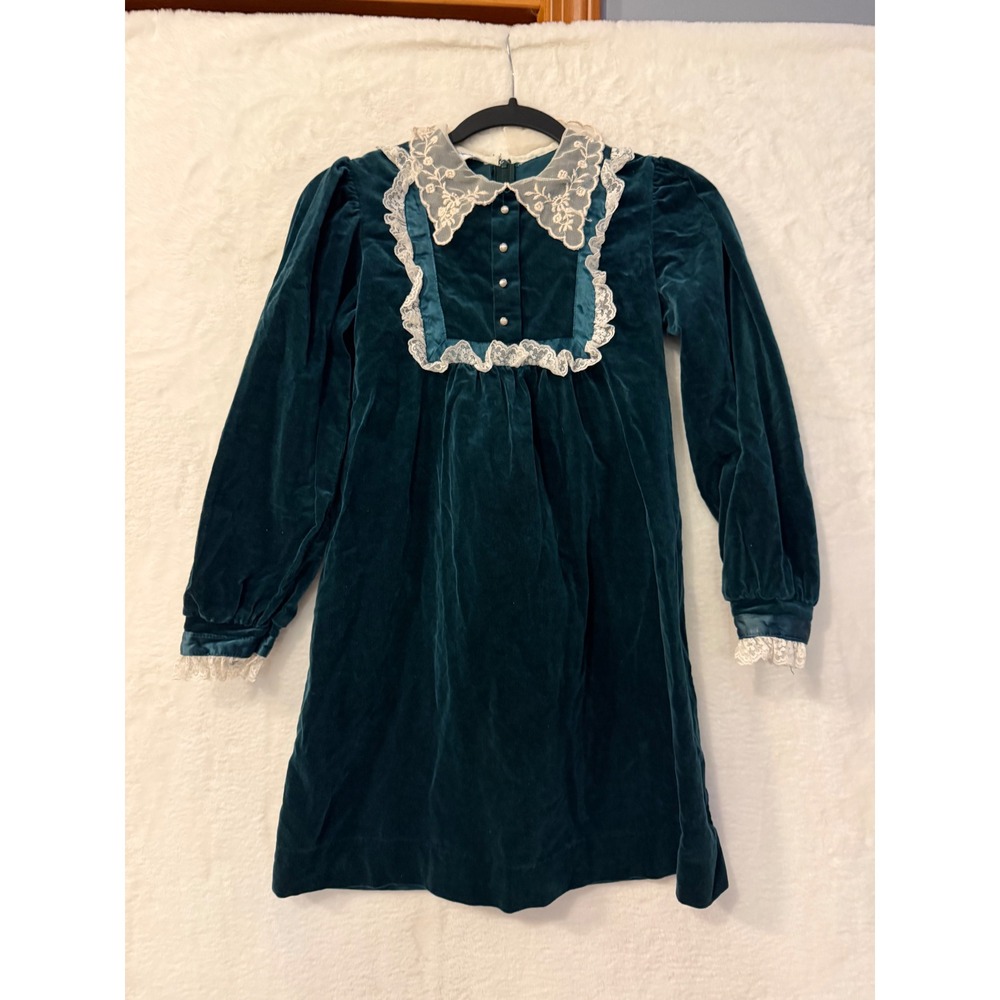 Vintage Sears Girls Velvet Lace Dress Teal Green Holiday Party Size 14 Cotton